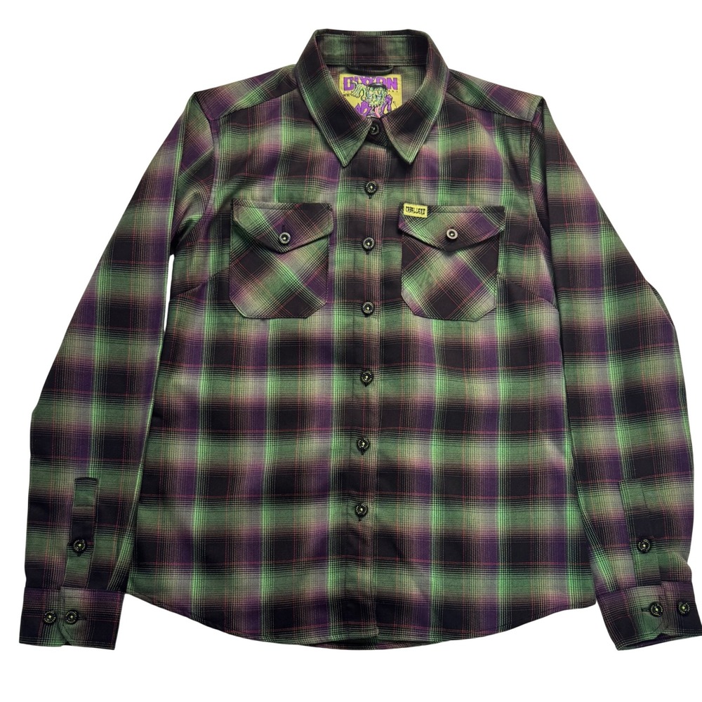 Dixxon Flannel Halloween Caballero Zombie Plaid Shirt Green Purple Womens Medium